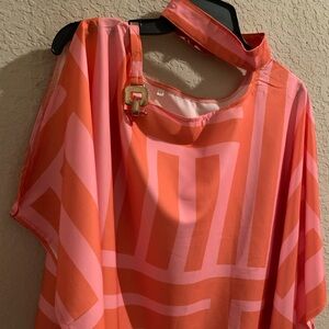 Pink & Orange batwing sleeve off‎ shoulder top with gold chains flowy, neck band